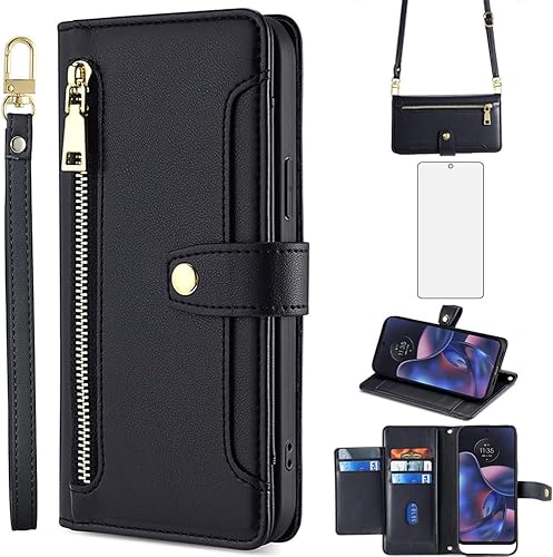 Asuwish Funda de teléfono para Motorola Edge + Plus 2022Edge X3030 Pro Funda tipo cartera y protector de pantalla con cremallera para tarjetero,