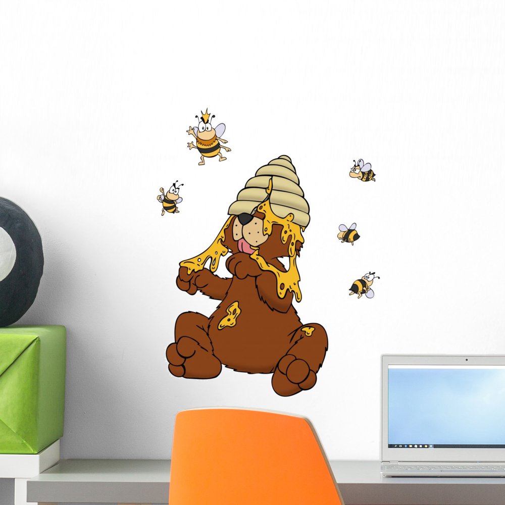 Wallmonkeys Bear Honey Bees Bees Nest Queen Bee Wall Decal Peel and Stick Graphic WM165354 (18 in H x 15 in W)