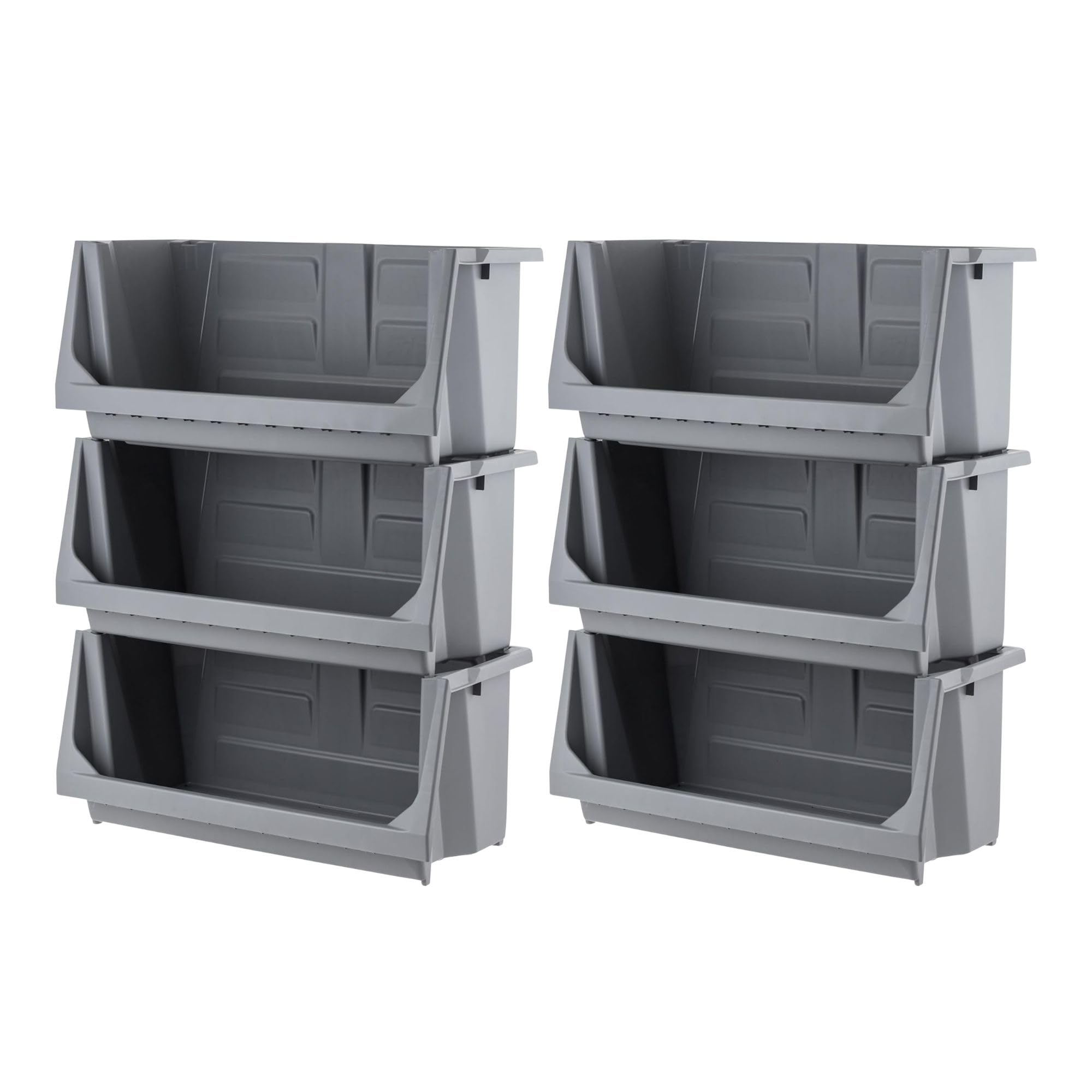 IRIS USA 6 Pack Open Front Storage Bins, Jumbo Heavy Duty Stackable Garage Storage Bins with Handles, Interlocking Design, Dark Gray