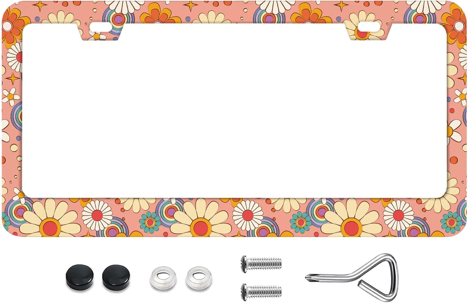 Marcos de matrícula retro nostálgicos con fondo floral vintage, tornillos de acero inoxidable incluidos, cubierta personalizada para mujeres y