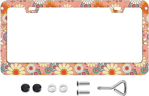 Marcos de matrícula retro nostálgicos con fondo floral vintage, tornillos de acero inoxidable incluidos, cubierta personalizada para mujeres y