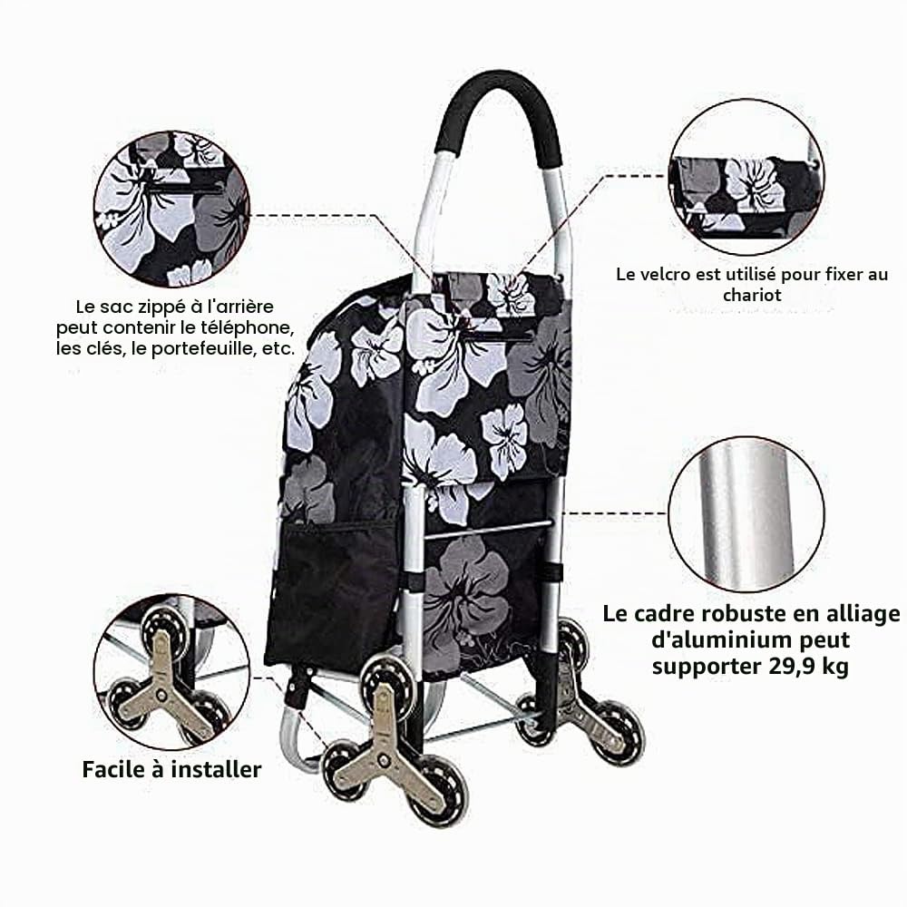 Chariot de Courses Pliable 6 Roues avec Monte-Escalier,Sac Amovible et Cordon Élastique Réglable,2 Poches Supplémentaires,Capacité Maximale 50kg 45L