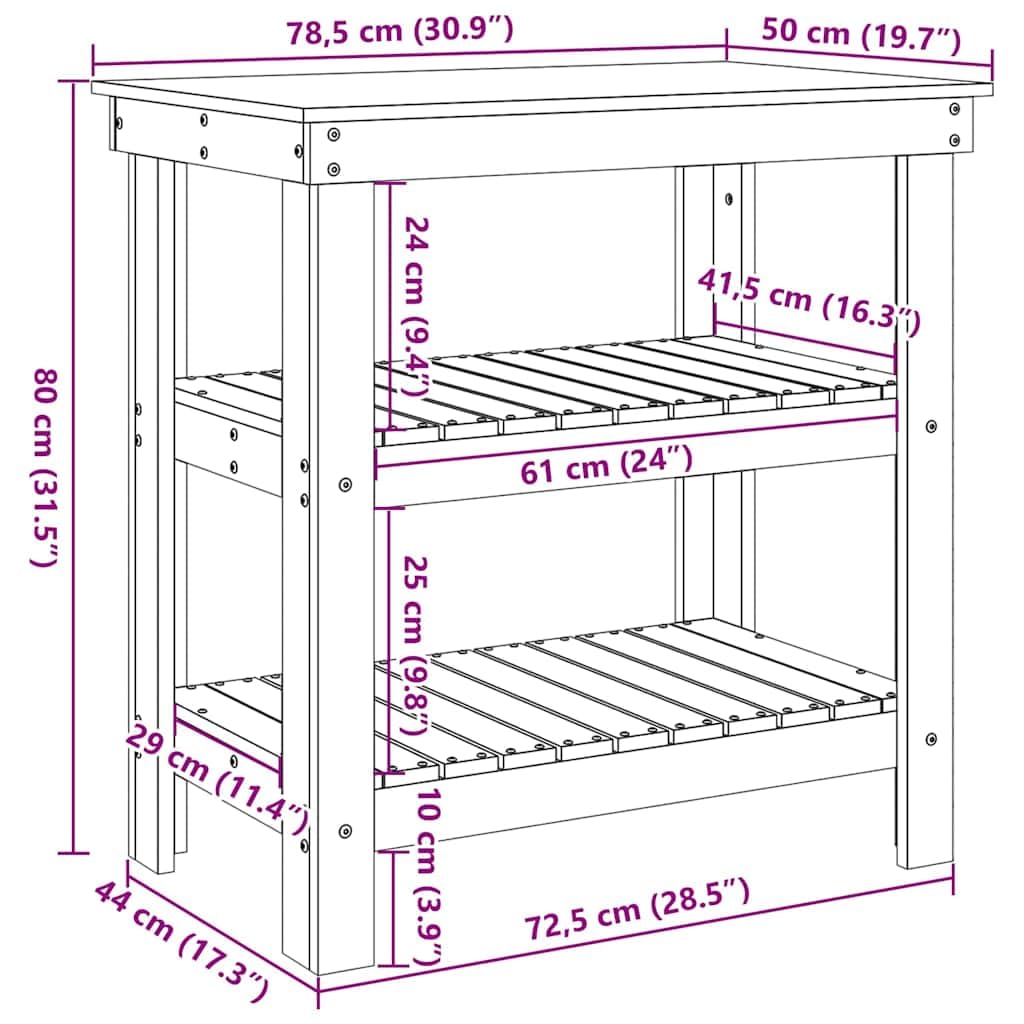 Banco da lavoro marrone cerato in legno di pino massiccio, 78,5 x 50 x 80 cm, con 2 ripiani, tavolo da lavoro ideale per officina, garage, hobby e bricolage, piano di lavoro robusto