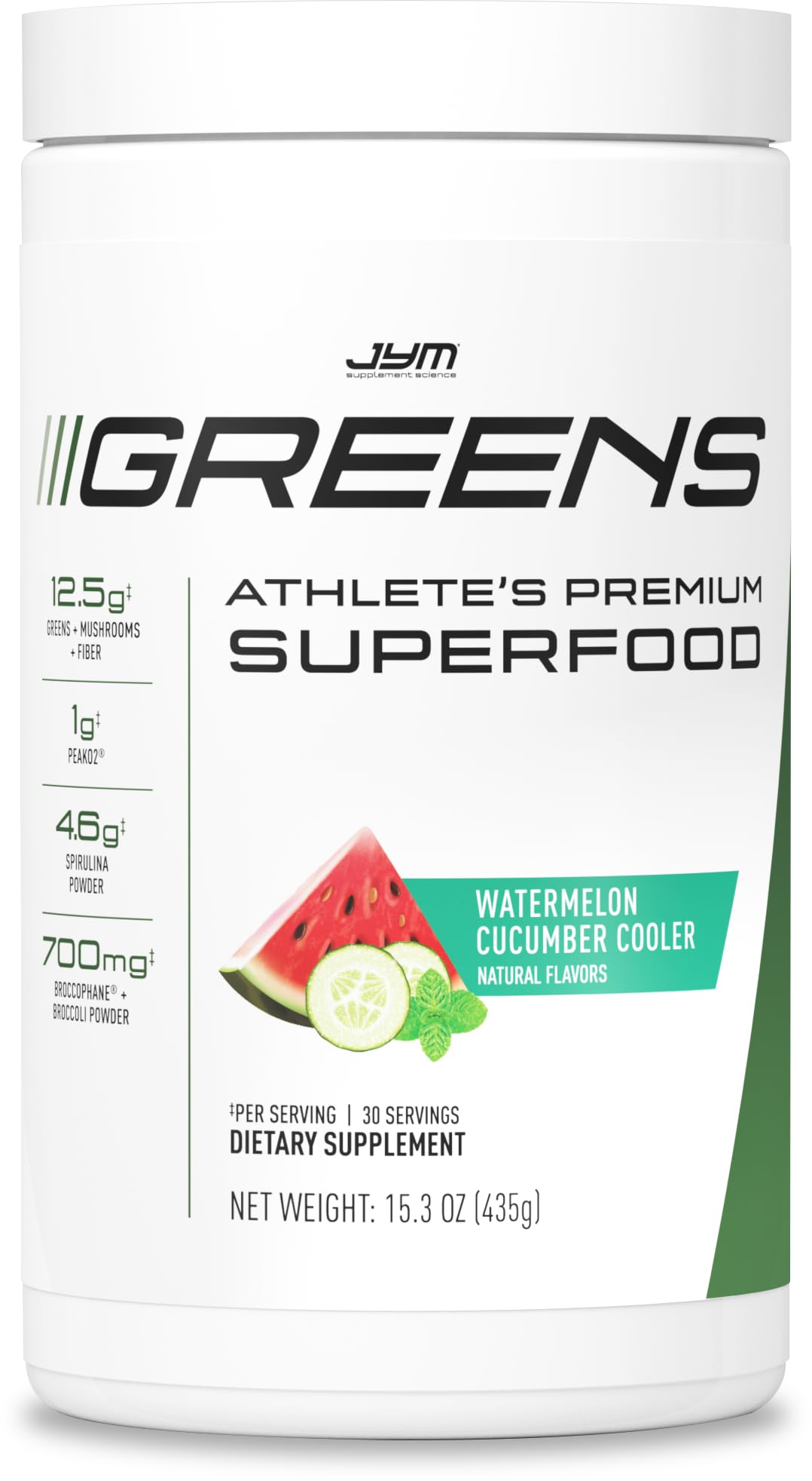 JYM Greens Super Food Powder for Performance, Watermelon Cucumber, Spirulina, Mushrooms, Vitamins, BroccoPhane & Broccoli, Men & Women, 30 Servings