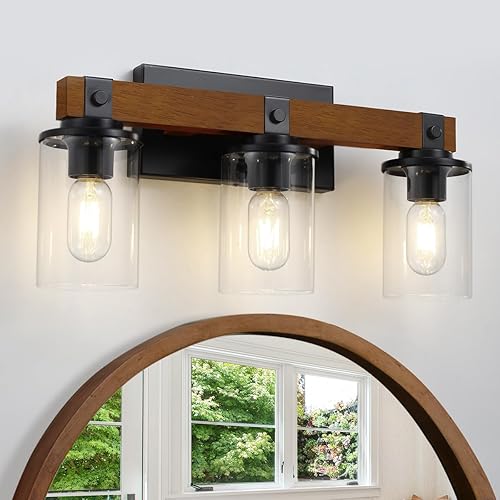 Lámpara de tocador de madera, lámparas de baño de granja sobre el espejo, 3 luces rústicas con pantalla de vidrio transparente, aplique de pared disponible en Yaxa Venezuela