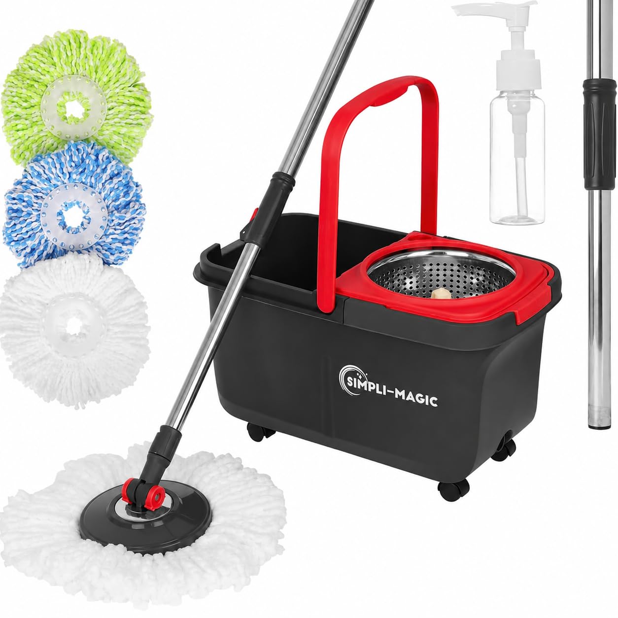 Simpli-Magic Spin Mop und Eimer mit Auswringer-Set, 360° drehbares Wischmopp-Eimer-System mit 3 Mikrofaser-Wischmopp-Ersatzköpfen und verstellbarem Griff aus Edelstahl für die Bodenreinigung