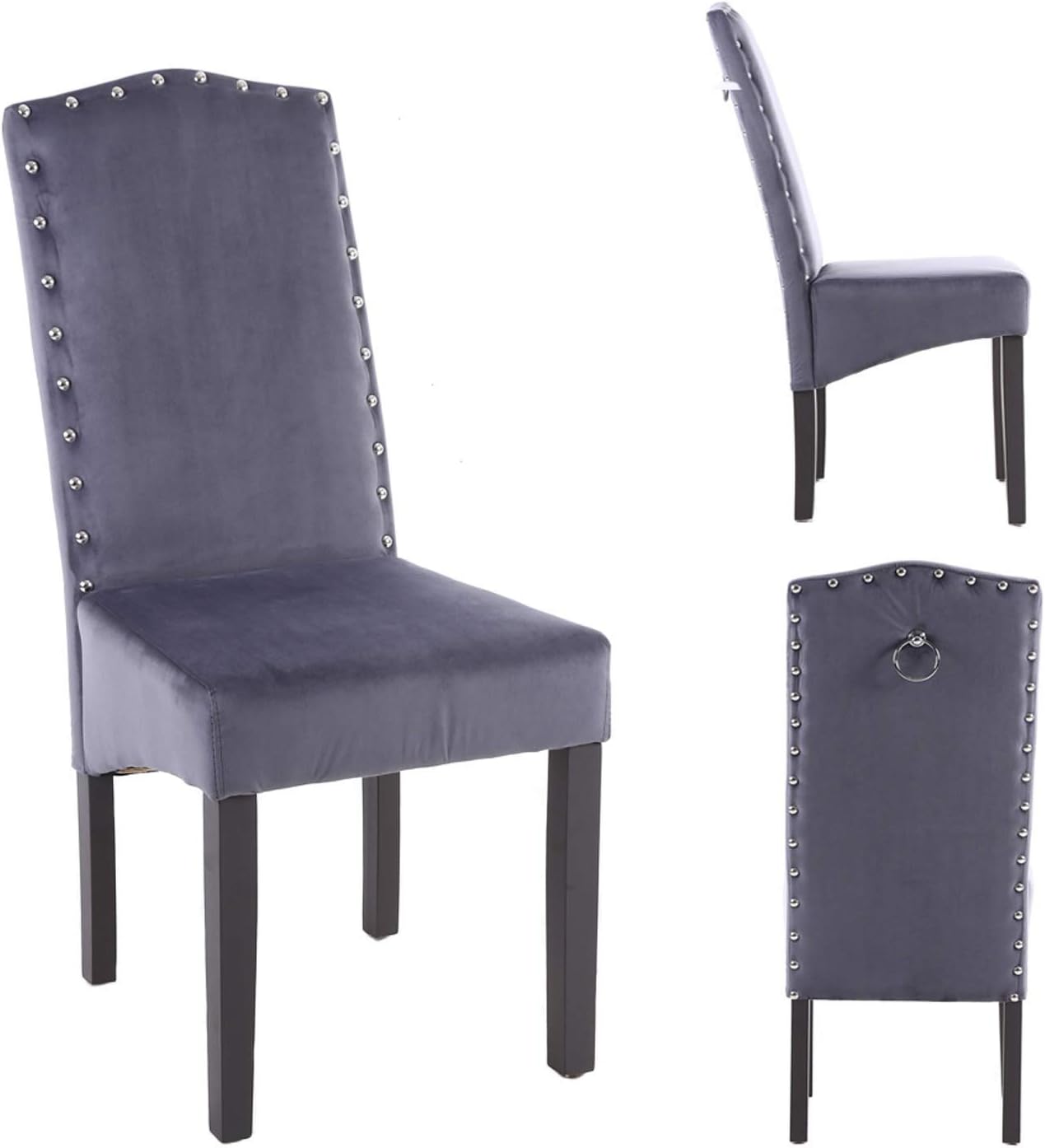 Set of 2 Knocker back Velvet Fabric chairs - Dining, Kitchen, Living room, Bedroom, Chairs (Dark Grey)