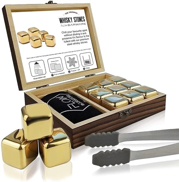 FLOW Barware Whisky Stones Gift Set | 9 Stainless Steel Whisky Stones | Whiskey Stone Gift for Dad | Whiskey Stone Gift Set with Wooden Box | Whiskey Stone with Storage Pouch | Gold