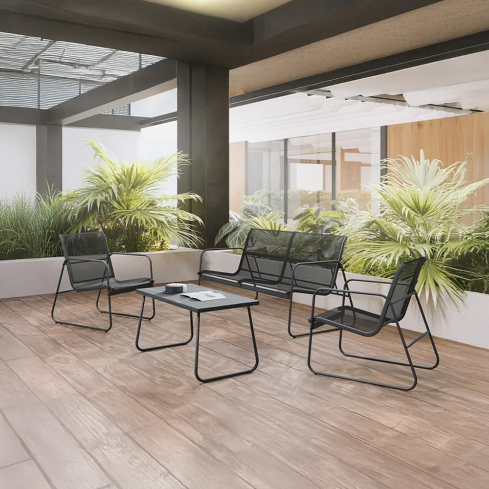 Mediawave Store - Set Giardino Zanzibar NERO 4 Pezzi: Salotto Completo da Esterno con Divano, 2 Poltrone e Tavolino da Caffè, Ideale per Terrazzo, Balcone e Veranda