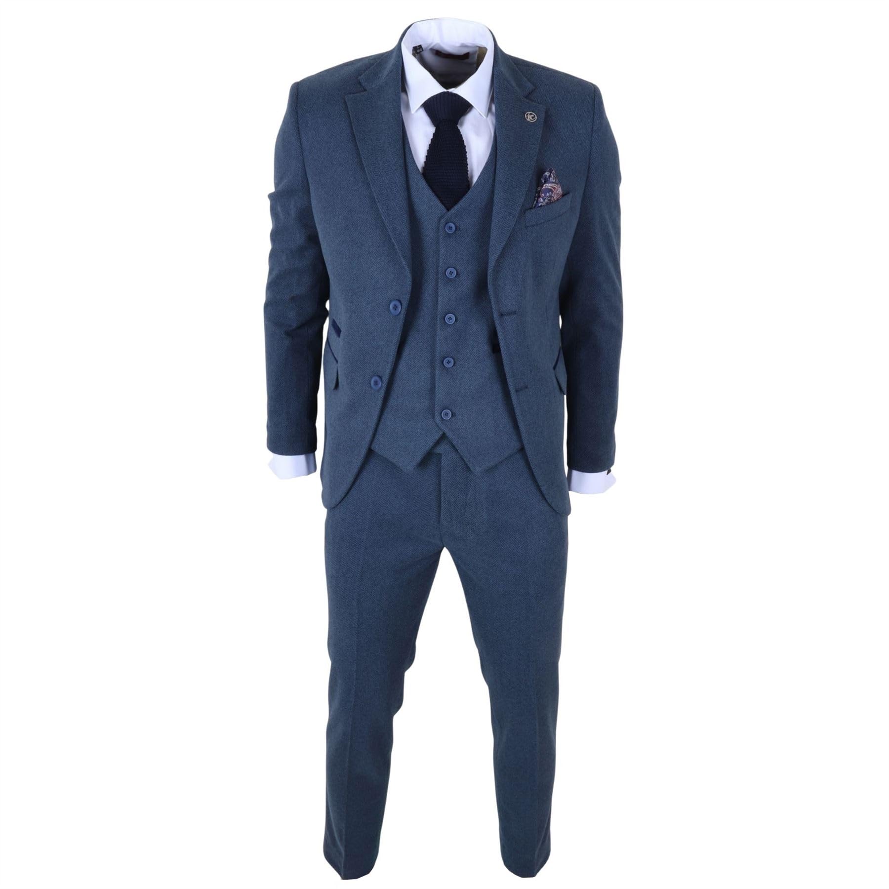 Truclothing Men's Blue Im40 - 3 Piece Tweed Herringbone Suits