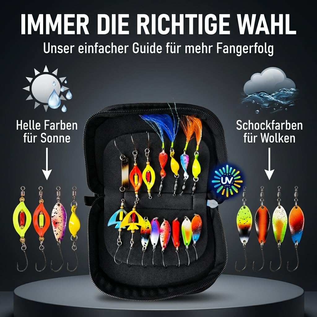 Neu Alle Forellen Köder Neuheiten 2025 in Einer Spoon Tasche | Forellen Set 15 Spoons Forelle 2g, 3g, 3,5g, 4g | Uv-Aktive Forellenköder für jedes Wetter und Wasser | Angelzubehör Trout Spoon Angeln