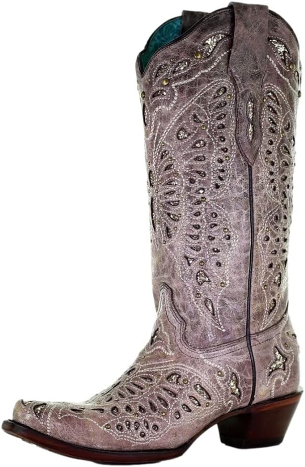 CORRAL LADIE'S LIGHT BROWN GLITTER BUTTERFLY INLAY & EMBROIDERY & STUDS, SNIP TOE, LEATHER SOLE, WESTERN, A4088