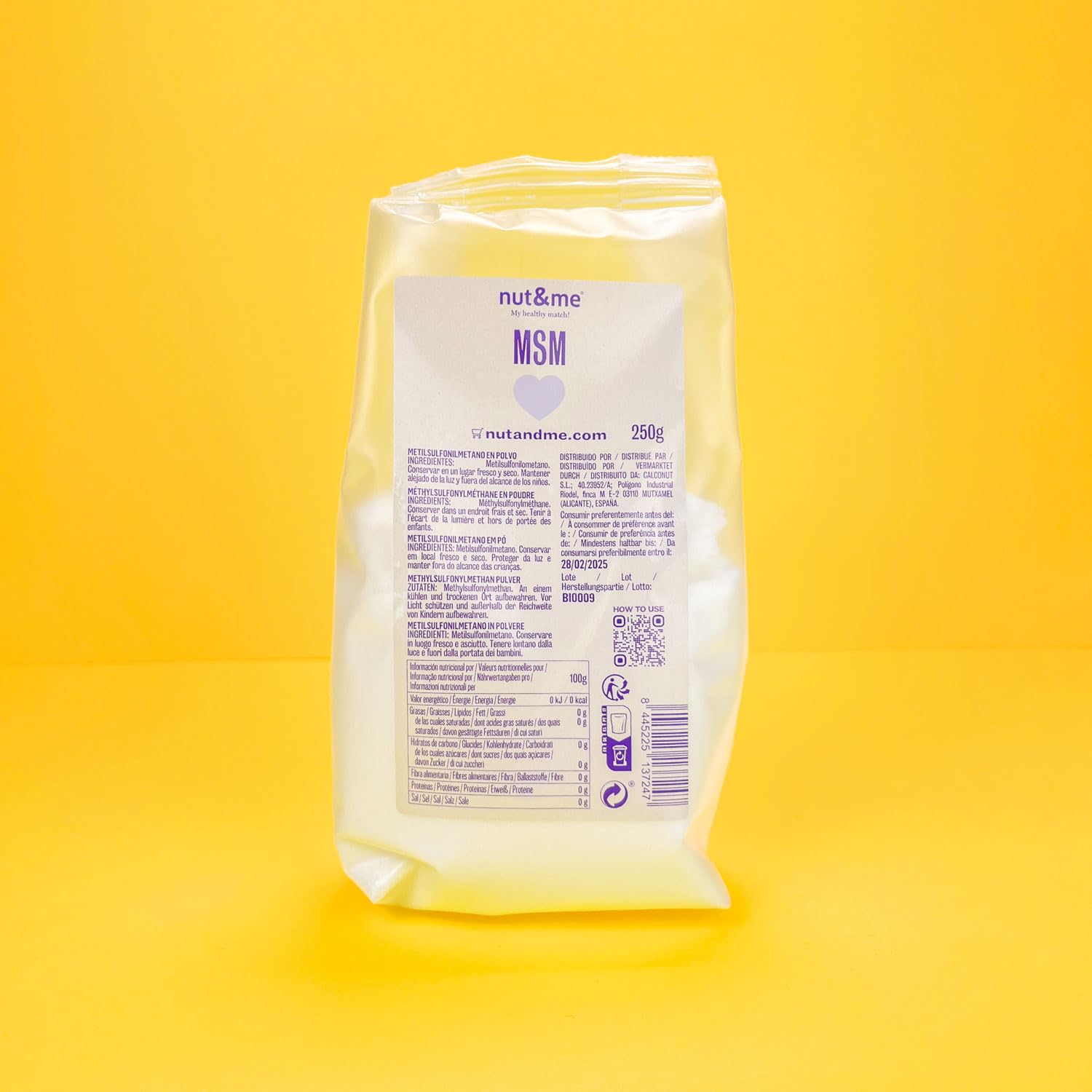 MSM en poudre 1 Kg nut&me | 99,9% Pur | Méthylsulfonylméthane | 100 % naturel | Sans additifs | Végétalien | Keto