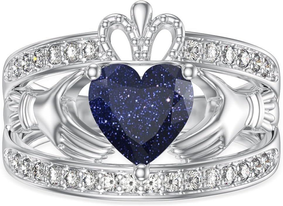 Claddagh Rings for Women 925 Sterling Silver Irish Claddagh Engagement Anniversary Wedding Promise Ring with Birthstone/Moissanite/Moss Agate/Sandstone/Opal/Turquoise