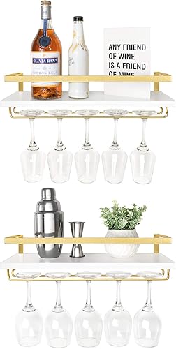 Mkono Estante de vino montado en la pared, juego de 2 soportes para botellas de vino de madera blanca, estantes flotantes con colgador de copas de