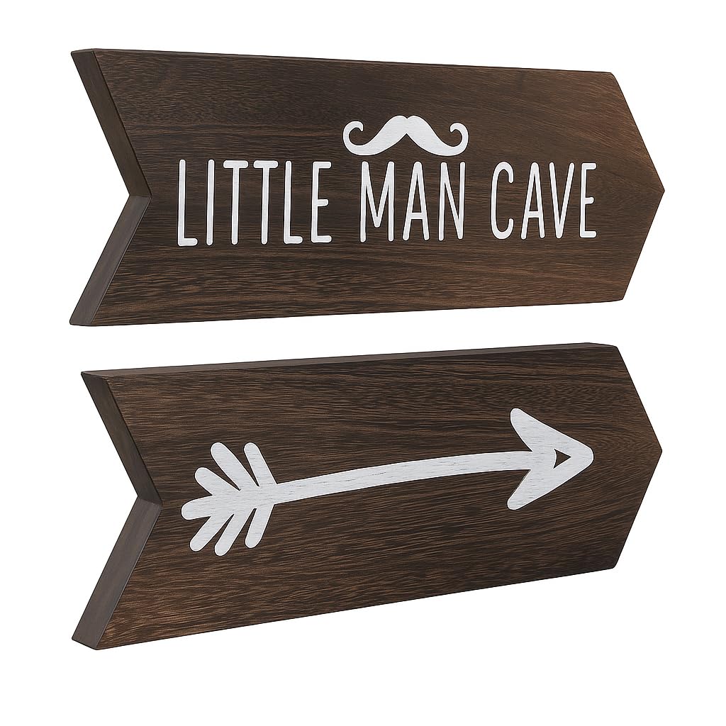 YELLOW LOTUS Little Man Cave Sign For Boys - 2 Pcs 14" x 5" Baby Boy Nursery Wall Decor Art for Playroom, Rustic Wooden Arrow Sign For Nursery, Cabin