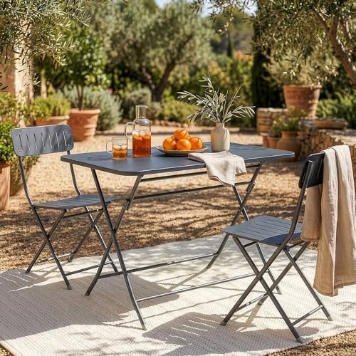 Table de jardin pliante en acier robuste noir mat capacité 60kg plateau rectangulaire