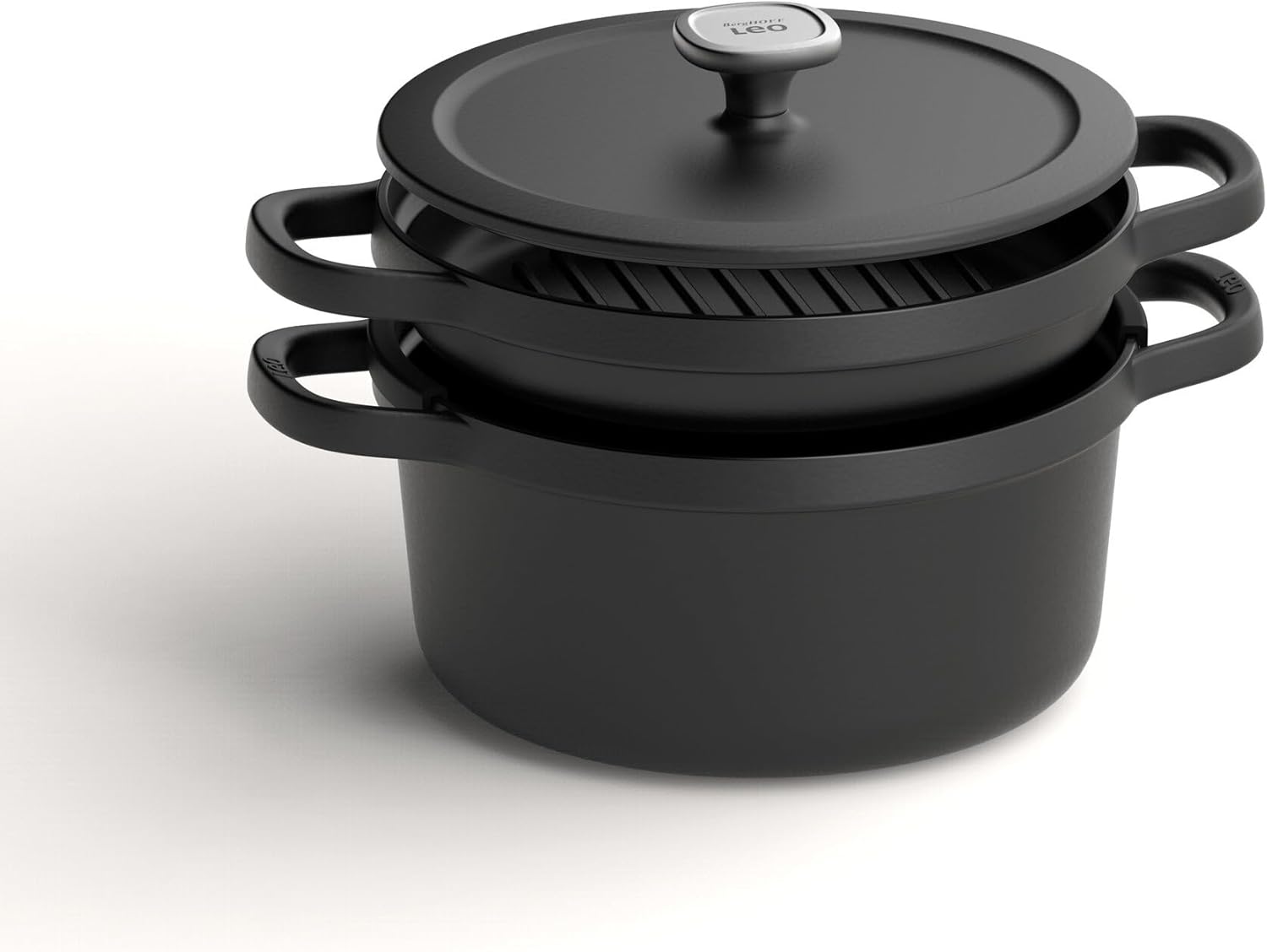 BergHOFF Graphite Enameled Cast Iron Round Grill Pan 10.25", Induction Pan, For Slow-cooking, Oven-to-Table Cookware, Oven Safe Over 500°F, Stackable