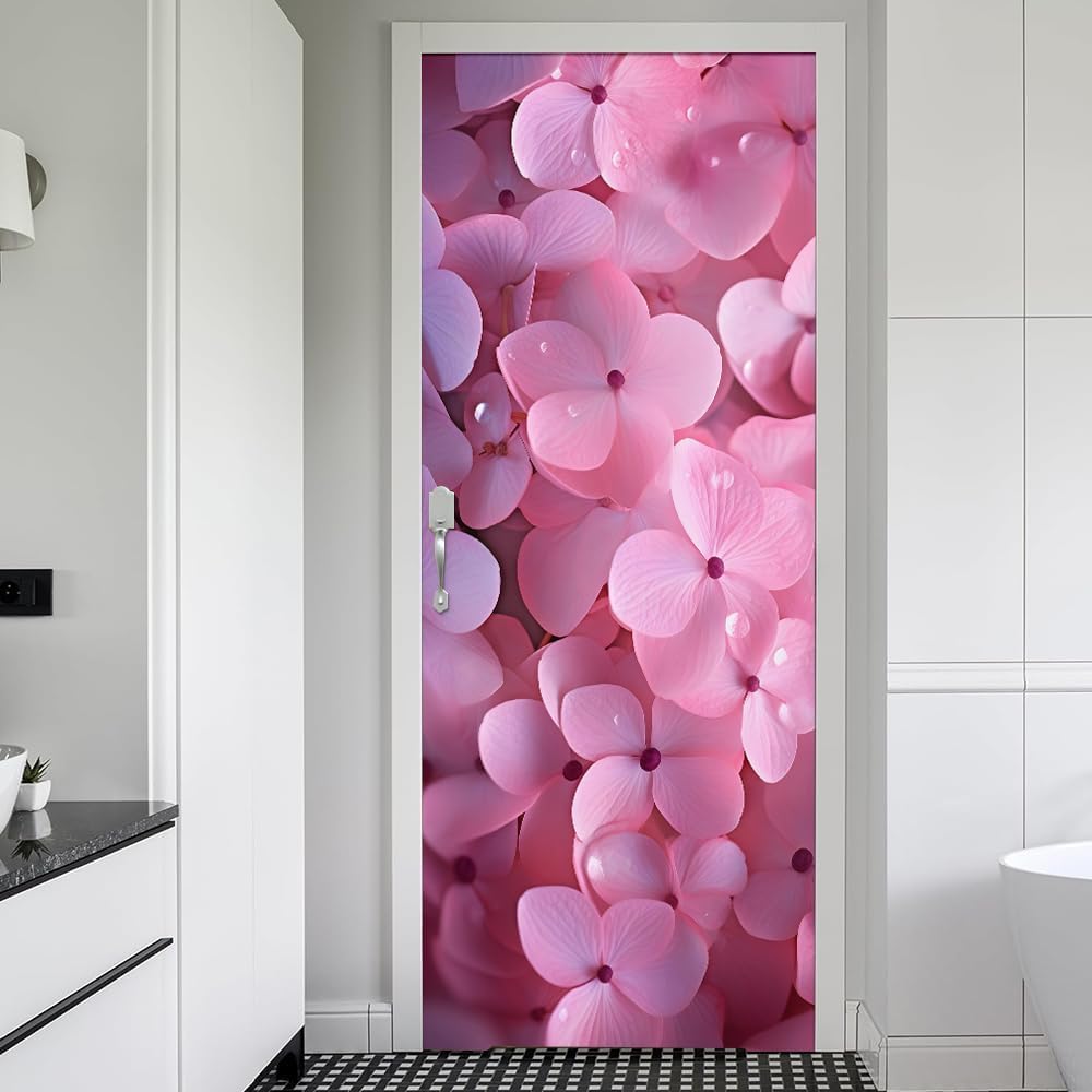 Modern Flowers Door Stickers for Interior Doors Pink Flowers 3D Door Decals Art Sticker Self Adhesive Door Murals for Bedrooms Living Room Bathroom Home Decor G681?90x210 cm?