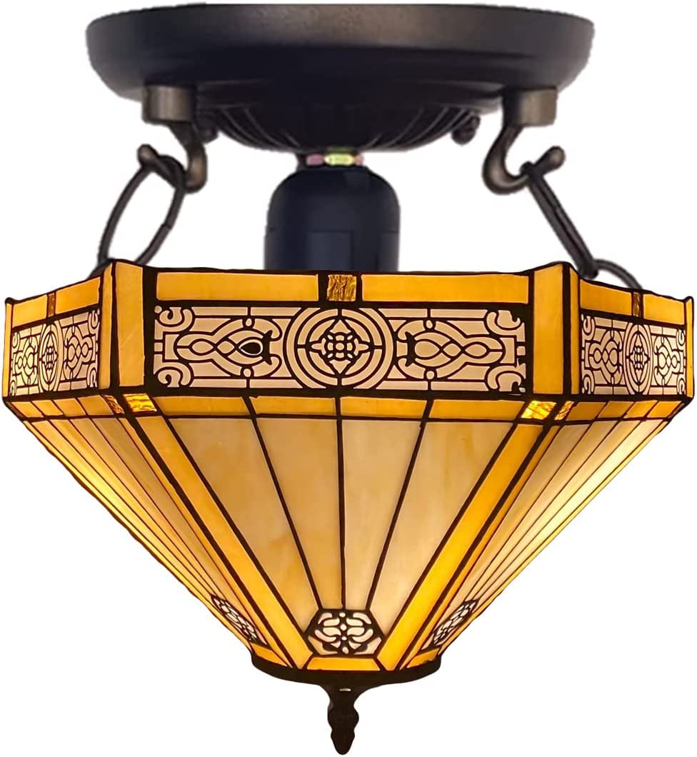 Auroh Multicolor Tiffany Ceiling Lights 16 Inch Handcrafted Lamp Shade Antique Design Yellow Hexagon Ceiling Lamps For Living Room Decor Home Decor Lounge