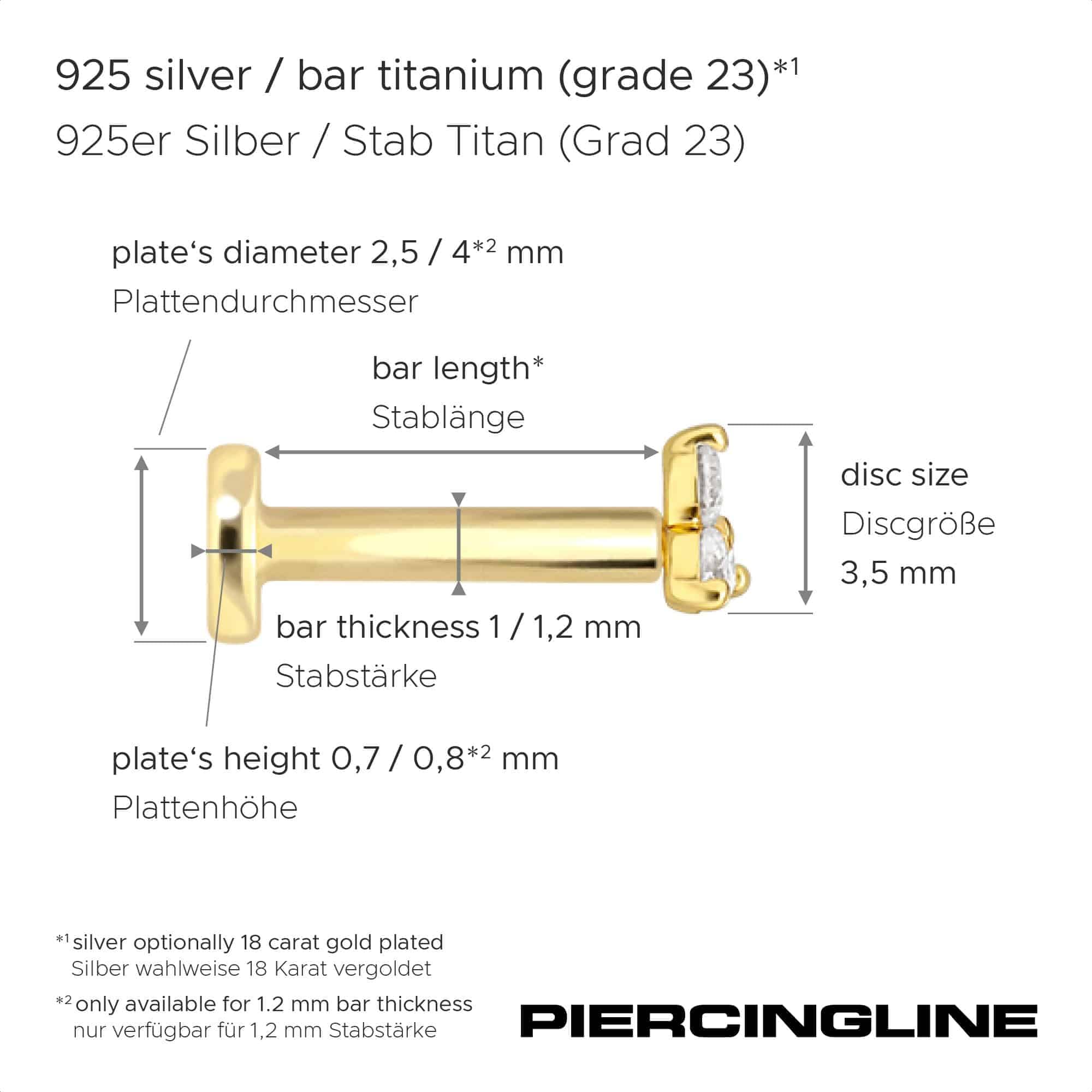 PIERCINGLINE Piercing Stecker Titan Labret mit Innengewinde + 925er Silber Aufsatz MOISSANIT-BLUME - Goldfarben, Silberfarben
