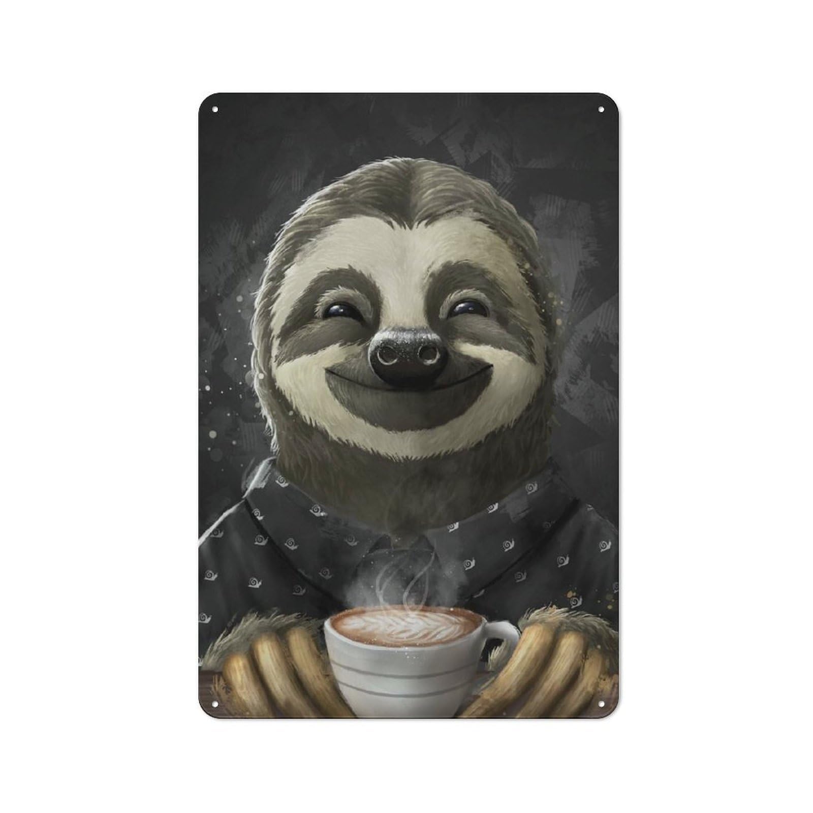 Loft Style Morning Sloth Coffee Black Decorative Metal Plaque 30x20cm, Studio Wall Art for Workspace, Cafe, Hallway Or Garage