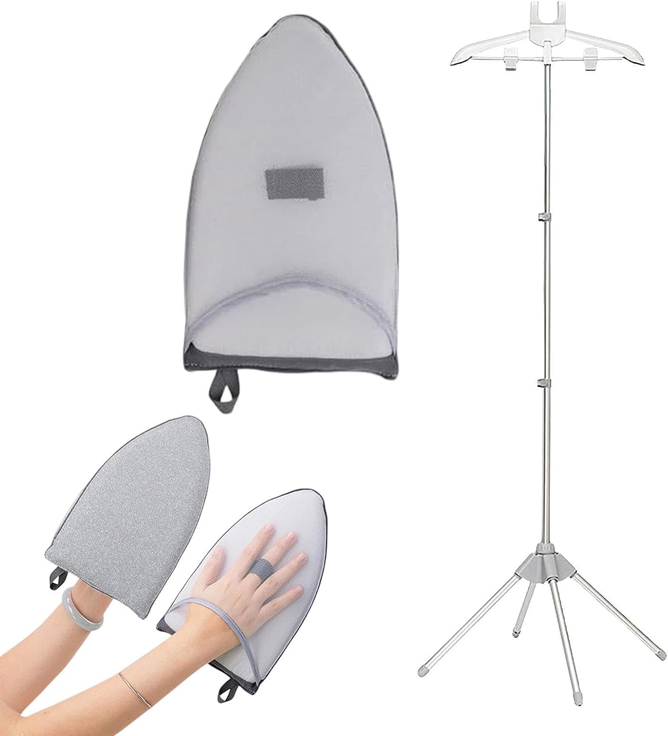Foldable Garment Steamer Stand, Garment Steamer Ironing, Garment Hanger for Steaming Clothes, with Ironing Gloves for Clothes, Adjustable Steamer Rack with Two Clips for Suit Shirt Overcoat Vest