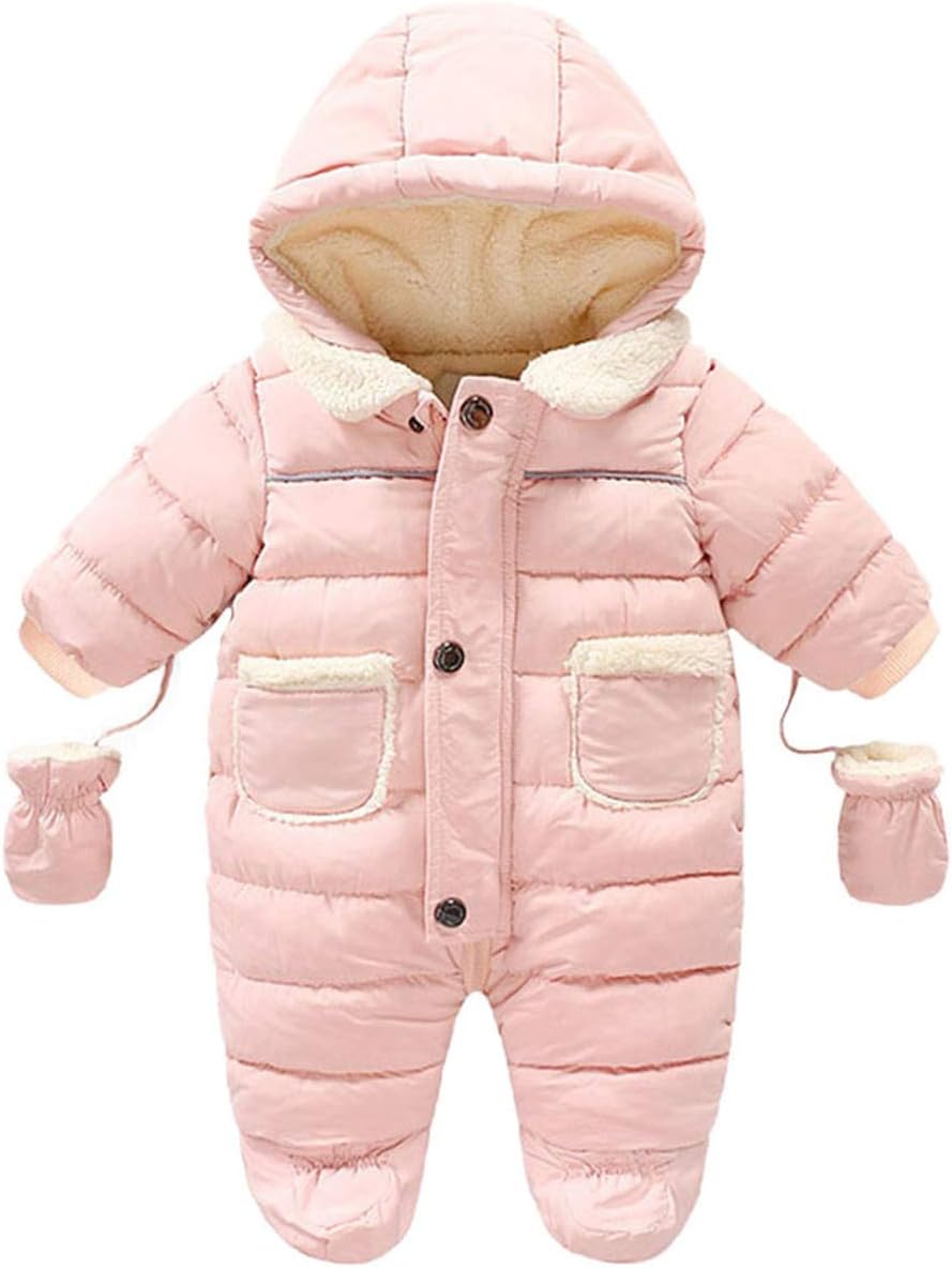 Newborn Toddler Girls Boys One Piece Footed Button Pocket Down Jacket Jumpsuit Romper Snowsuit with Gloves