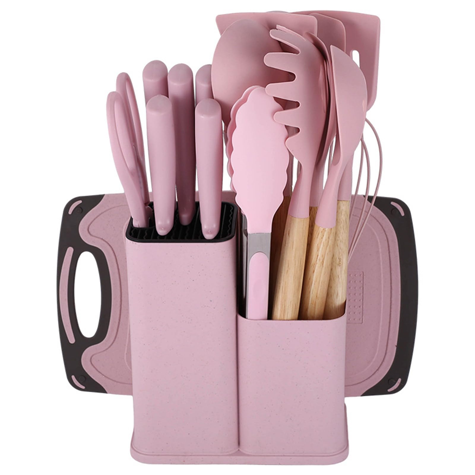 Set di 19 Utensili da Cucina in Silicone con Coltelli in Acciaio Inox E Supporto, Kit di Strumenti Antiaderenti con Manico in Legno per La Cucina Domestica Quotidiana Pink
