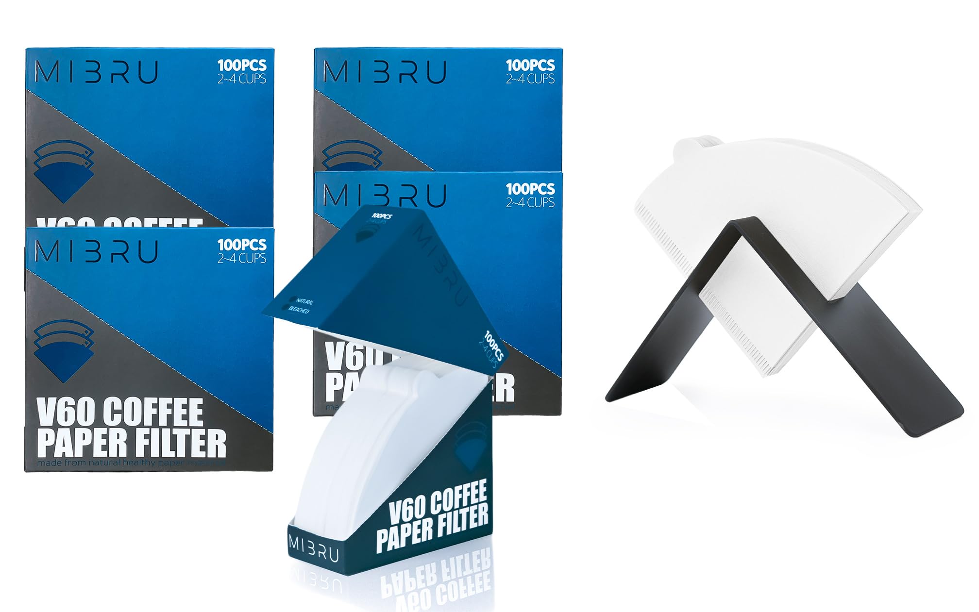 MIBRU Coffee Filters V60 Cone Paper White Natural 500pcs Coffee Filters Disposable 2-4 Cups Natural Unbleached Coffee Filter Paper,Coffee Filter Holder Metal,Compatible with V60 Pour Over Drippers