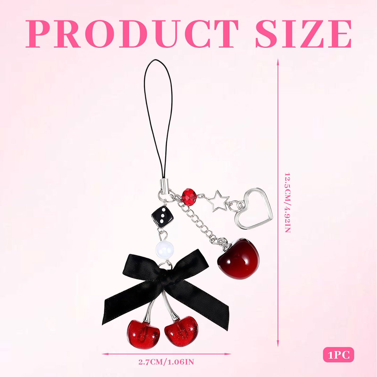 Kurze Handykette avec Charme Cerise – Breloque de téléphone Mignon en Noir comme chaîne Courte décorative pour Smartphone et clés