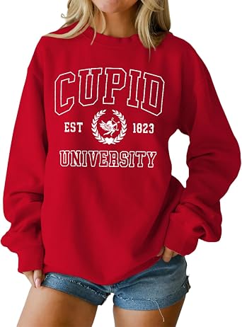 GLIGLITTR Women Valentines Day Sweatshirt Retro Cupid University Love Graphic Sweater Shirts Crewneck Oversized Pullover Top