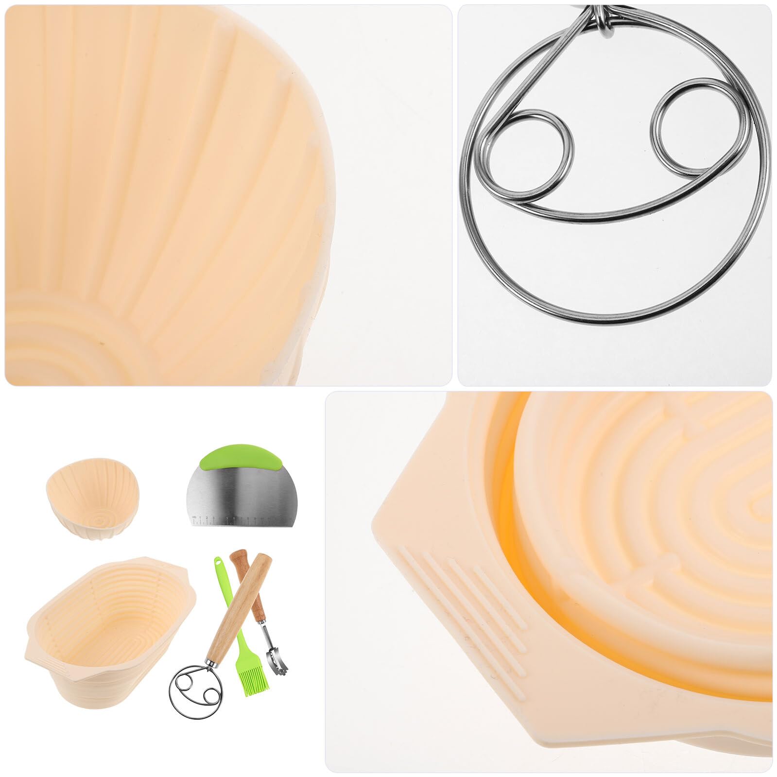 SOLUSTRE Juego de 6 Piezas Cesta Banneton Silicona Beige Ovalada y Pequeña para Fermentar Pan Masa Madre, Kit Repostería Cuenco, Cuchillo Acero Inoxidable, Espátula y Pincel para Hornear
