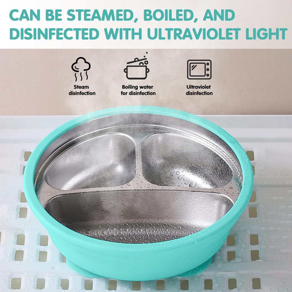 HASTHIP® 6.2''Stainless Steel Kids Food Plate, 3-Compartment Anti-Flip Toddler Plate with Strong Suction Cups, BPA-Free, Food Grade, Suction Plates - Image 5 thumbnail