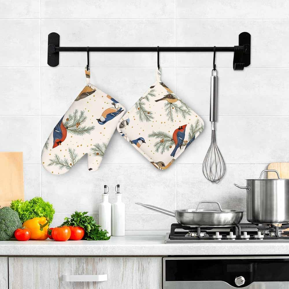 Mxocom Winter Birds Oven Mitts and Pot Holders Sets Vintage Green Botanical Sparrow Red Tit Bullfinch Bluebird Pine Branches Cones Silicone Heat Resistant Kitchen Oven Gloves Pot Holder for Cooking image 4