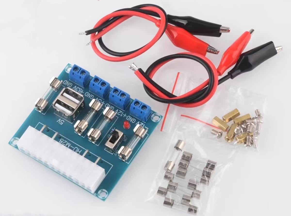 ATX Power Adapter Board HU-M28 with USB Adapter, 4 Crocodile Clip Cables, 8 Fuses, and 5 Terminal Posts