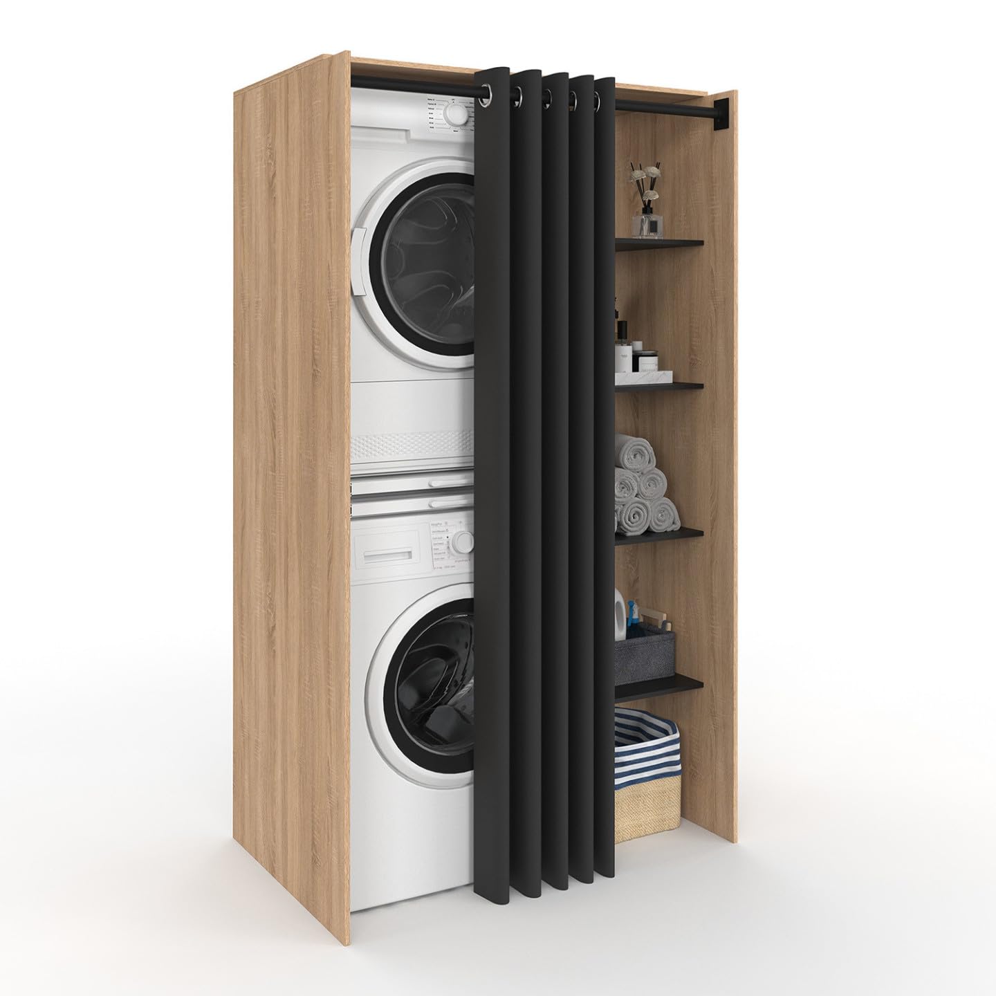 IDMarket - Meuble de buanderie Double Machine à Laver avec Rideau Coulissant Noir Wallis Bois façon hêtre et Noir