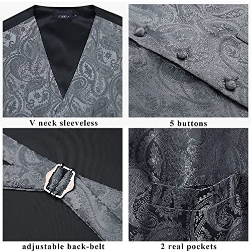 Image of HISDERN Vest and Tie Sets for Men Vests Paisley Floral Jacquard Necktie Pocket Square 3PCS Waistcoat for Suit or Tuxedo