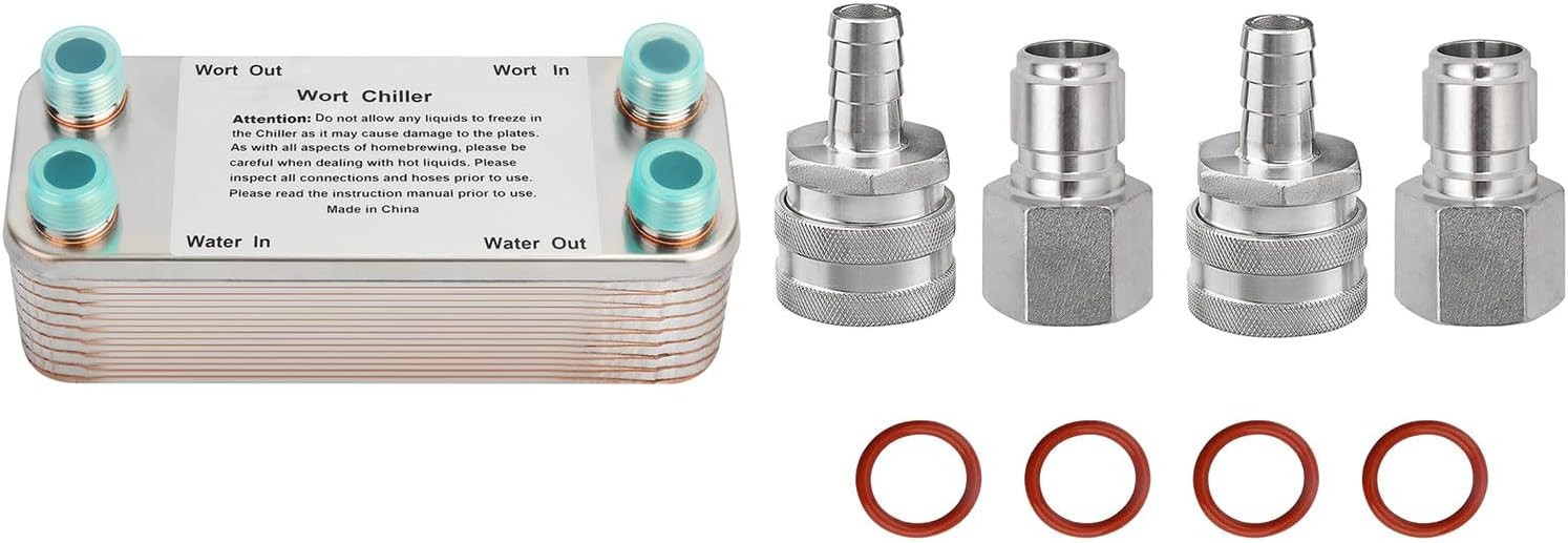 20 Plate Wort Chiller Stainless Steel Brazed Plate Heat Exchanger 1/2 NPT Thread Plate Chiller + 2 Pair 1/2 Stainless Steel Quick Disconnect Set