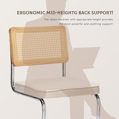 Miniatura 5 de Juego de 2 sillas de comedor de ratán, sillas de comedor modernas tapizadas de mediados de siglo con respaldo de caña, sillas de cocina de