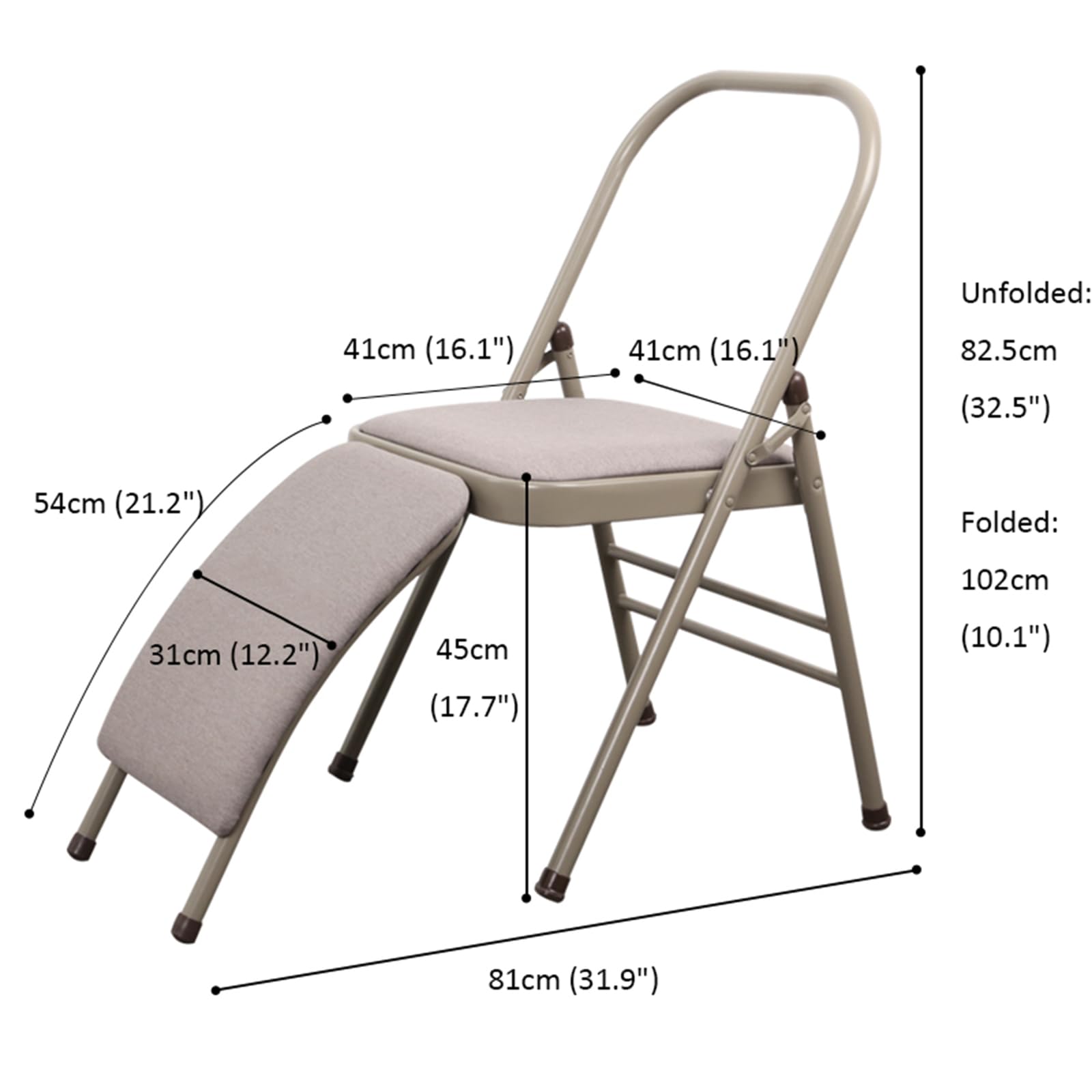 Silla de yoga plegable moderna con soporte lumbar, silla de asistencia portátil para principiantes, diseño que ahorra espacio, cómoda mezcla de algodón y lino gris para práctica de yoga