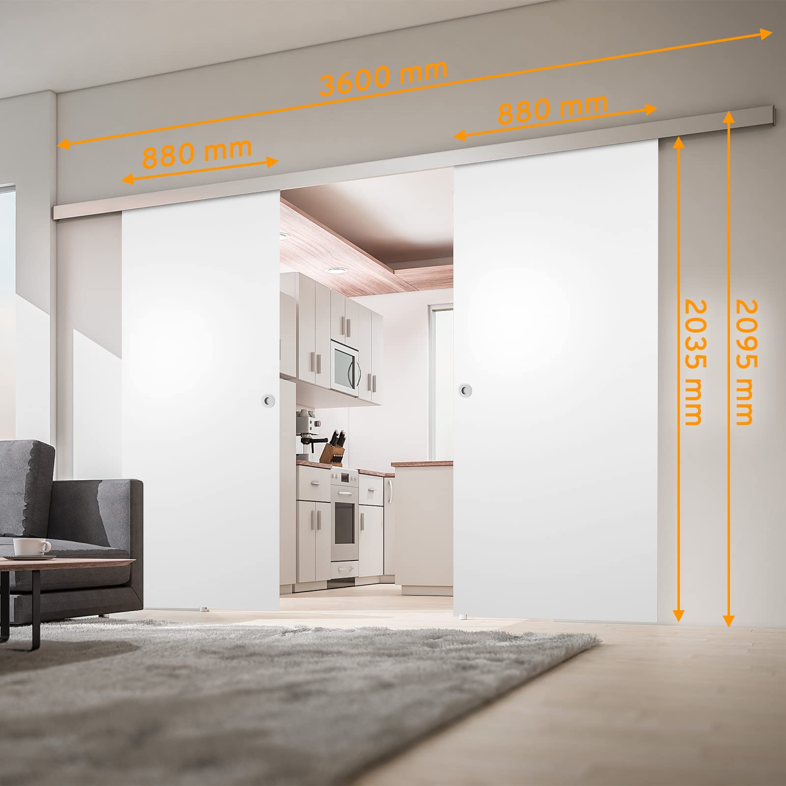inova Holz-Schiebetür 2 Flügel Weiss 1760 x 2035 mm Alu Komplettset mit Griffmuschel und Softclose beidseitig