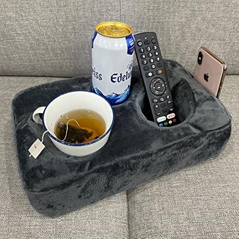 Couch Cup Holder Pillow, Couch Drinks Remotes Holder for Center of Couch, for Sofa, Bed, RV, Car (Gray) Cover