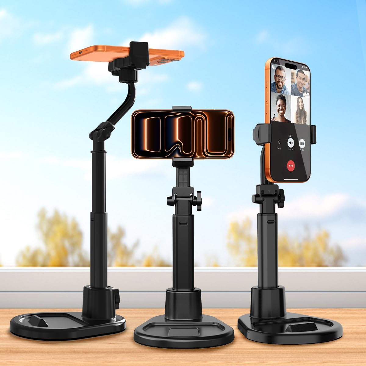 Cell Phone Stand for Desk,360° Rotating Adjustable Angle Height Phone Holder with Stable Metal Base Anti-Slip Recording Chat Tilting Stand Retractable Cell Phone Stand Office Accessories,4.7"-7",Dark