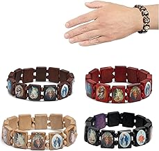 4 Pcs Wooden Rosary Jesus Bracelet Elastic Stretch Bangle with Pictures of Religious Saints Catholic Holy Gods Goddess Pra...
