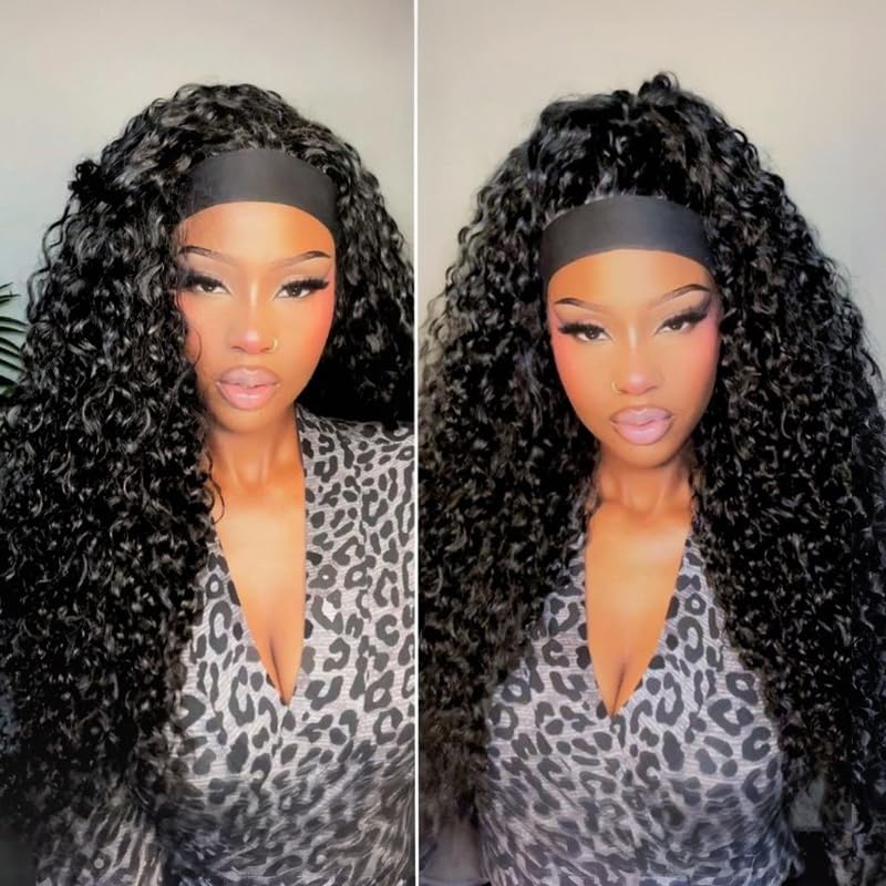 Frodio Headband Wig Curly Wig 22 Inches Veralux™ Blend Human Hair 22" Deep Wave Headband Wig Glueless Wigs Beginner Friendly Curly Elastic Band Wig