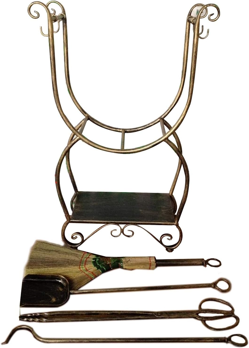 Brass Heavy Duty Fireplace Tools Set and Log Holder, 5 Pieces Wrought Iron Log Stand with Poker, Shovel, Tongs, Antique Brush, Wood Rack 5-Piece Tools, for Indoor Outdoor