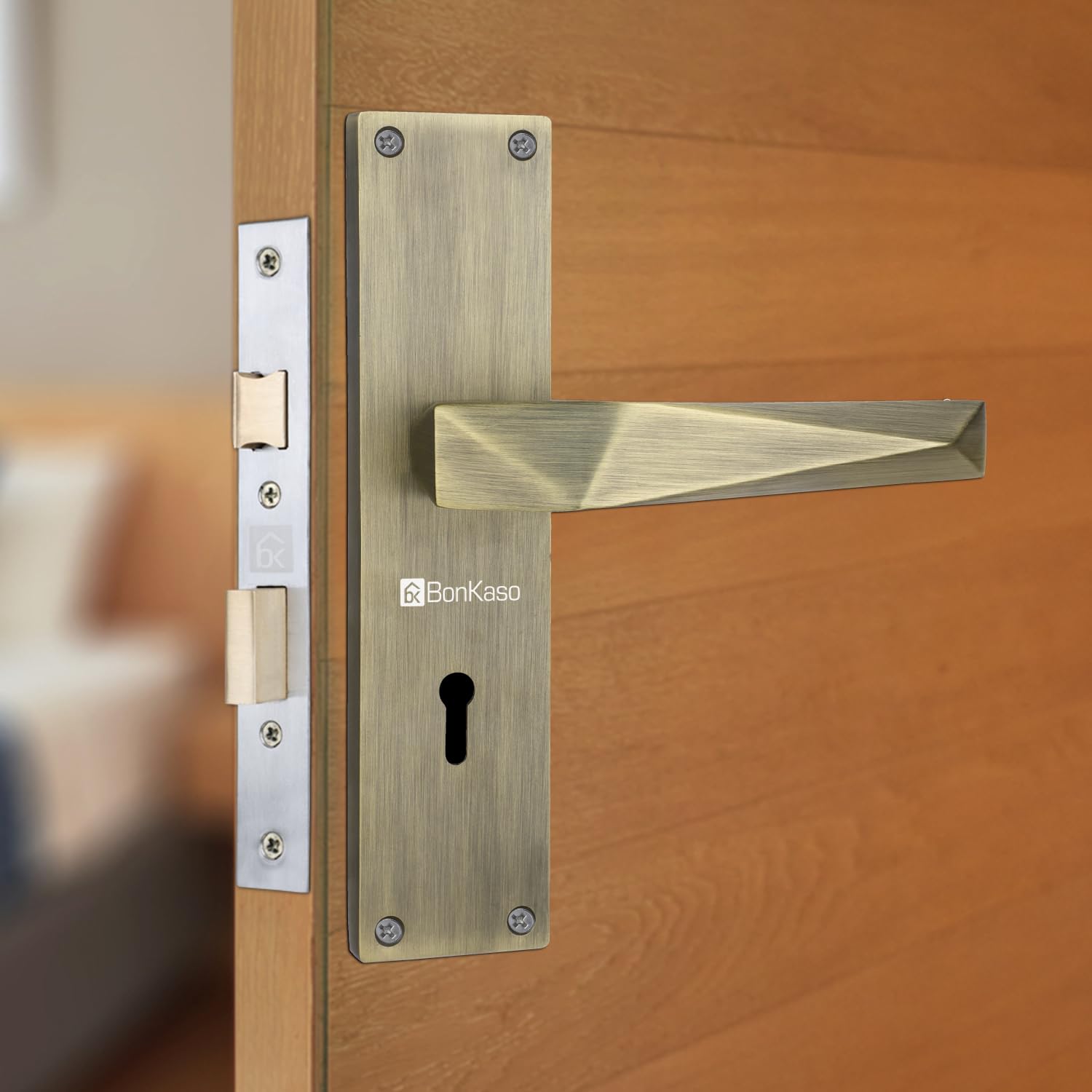 BonKaso Ky1300 Premium Zinc Heavy Duty Safe and Secure Mortise Lever Main Door Lock Set with Door Handle and 2 Keys for Home, Office & Hotel - (Antique Brass) Set of 1