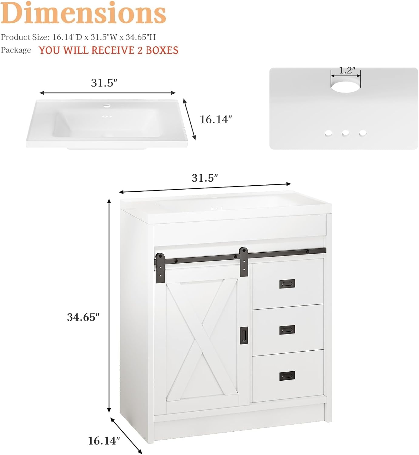 4ever2buy 30" Farmhouse Bathroom Vanity with Sink, Small White Bathroom Vanity Cabinet with 2 Drawers & Sliding Barn Door, White