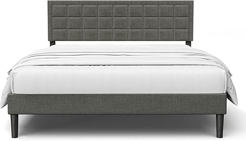 Nazhura Marco de cama tamaño King tapizado moderno de perfil bajo con cabecera copetuda no necesita somier tapicería de tela de lino gris carbón disponible en Yaxa Guatemala